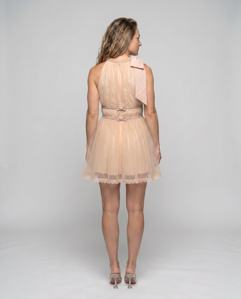 Women's Airy Chiffon Dress with Fine Ruffles and Elegant Strap Details - back view