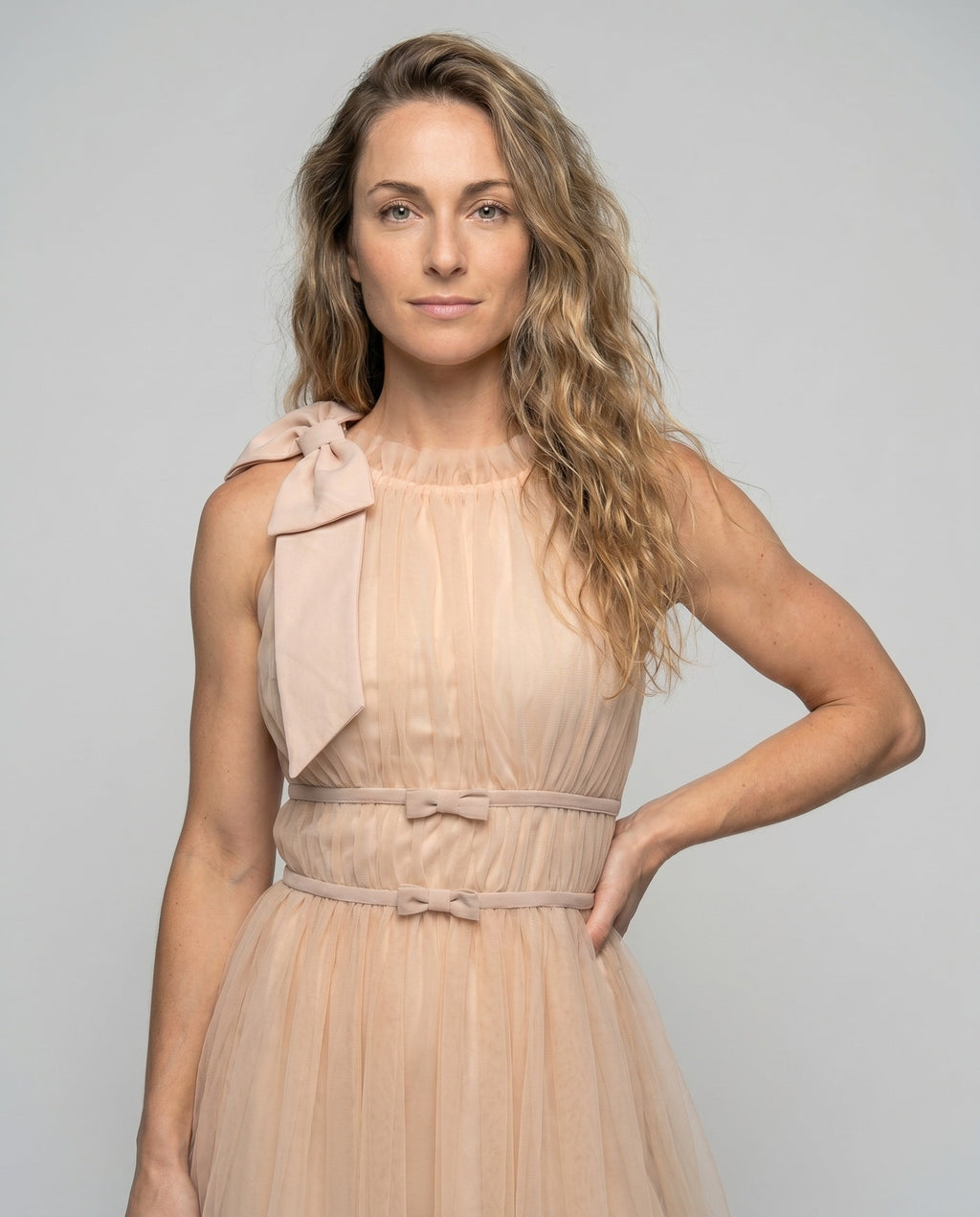 Women's Airy Chiffon Dress with Fine Ruffles and Elegant Strap Details - upper body view