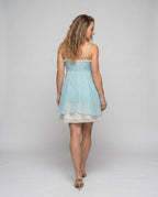 Women's airy chiffon dress with playful ruffle detail and narrow straps - back view