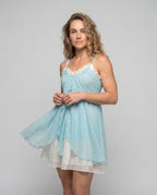 Women's airy chiffon dress with playful ruffle detail and narrow straps - upper body view