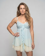 Women's Airy Chiffon Dress with Voluminous Ruffle Details - upper body view