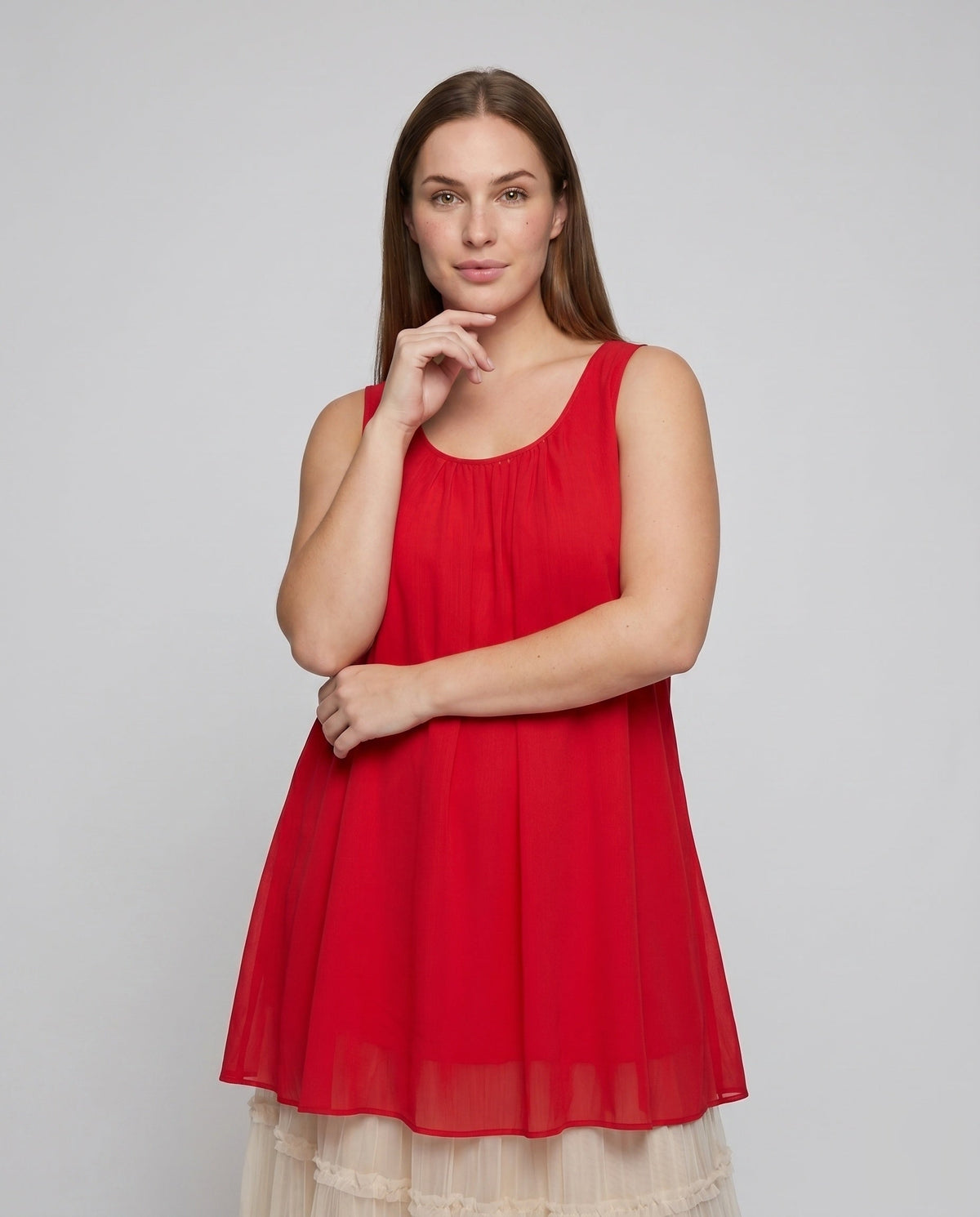 Women's airy dress with ruffled hem and asymmetrical design - upper body view