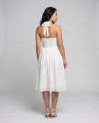 Ladies' maxi dress with elegant gathered top and flowing skirt - back view