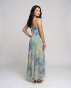 Women’s Maxi Dress with Floral Design and Elegant V-Neck - back view