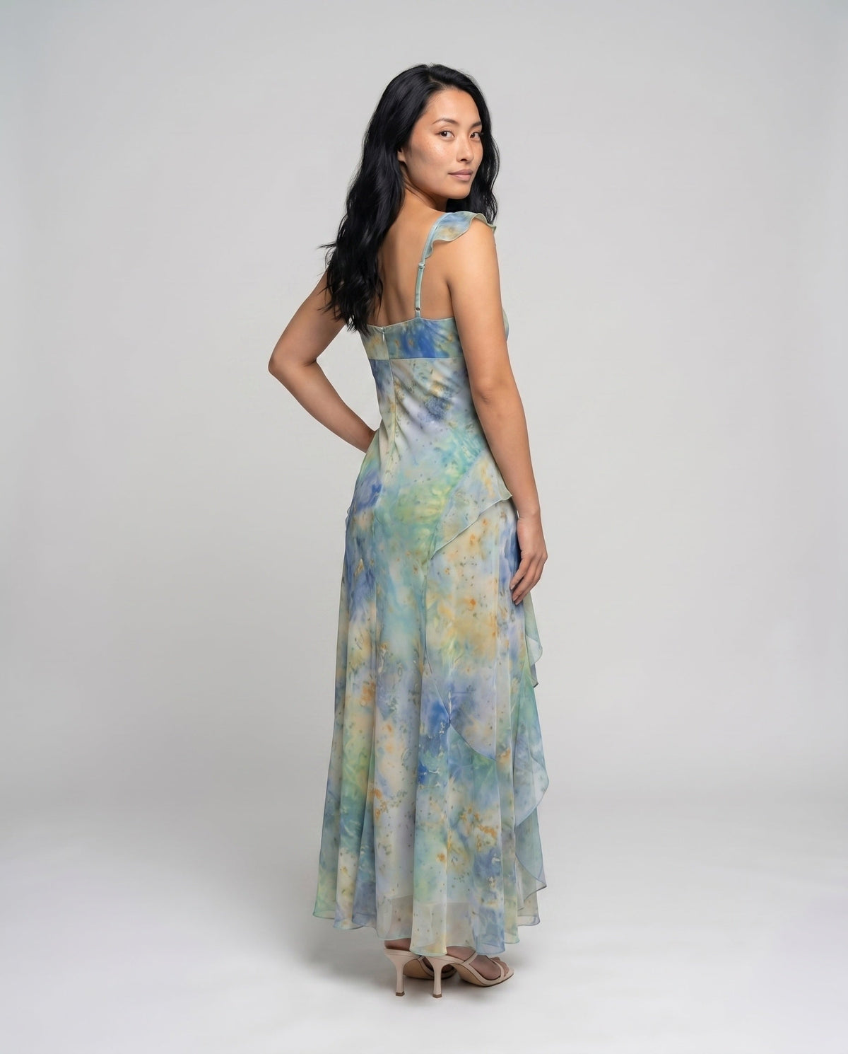 Women’s Maxi Dress with Floral Design and Elegant V-Neck - back view