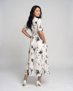 Women's Maxi Dress with Floral Design and Elegant Wrap Collar - back view