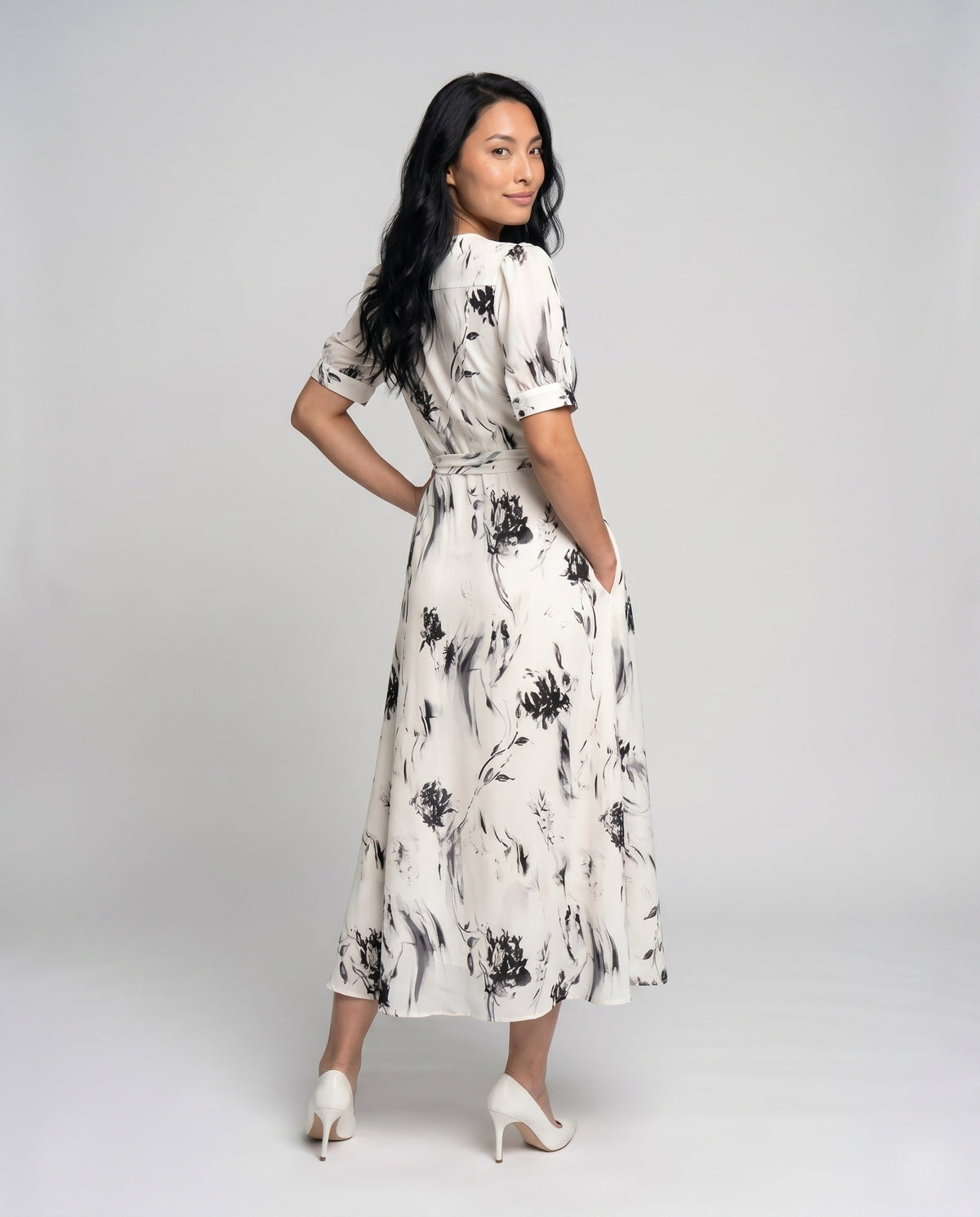 Women's Maxi Dress with Floral Design and Elegant Wrap Collar - back view