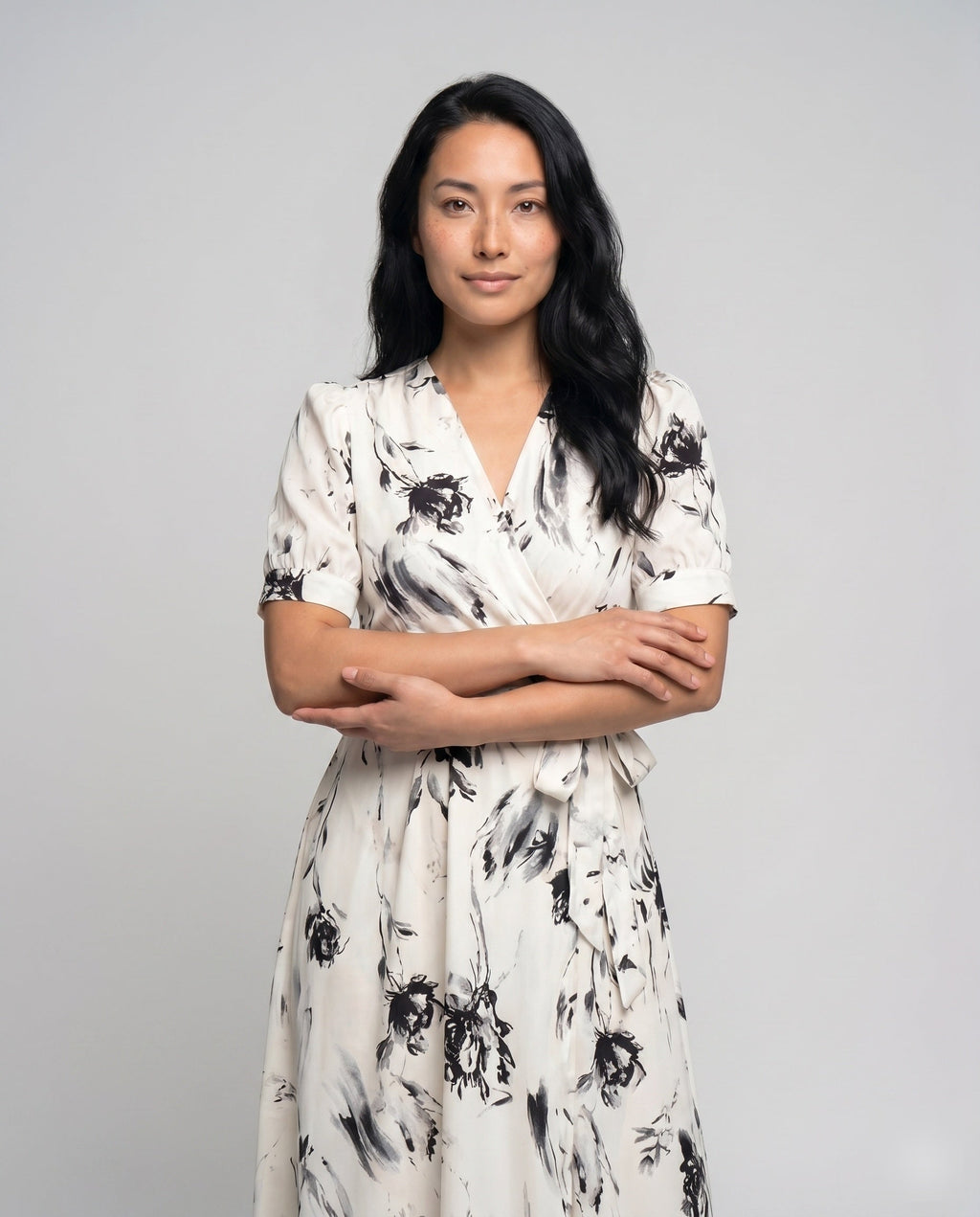 Women's Maxi Dress with Floral Design and Elegant Wrap Collar - upper body view