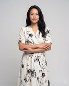 Women's Maxi Dress with Floral Design and Elegant Wrap Collar - upper body view