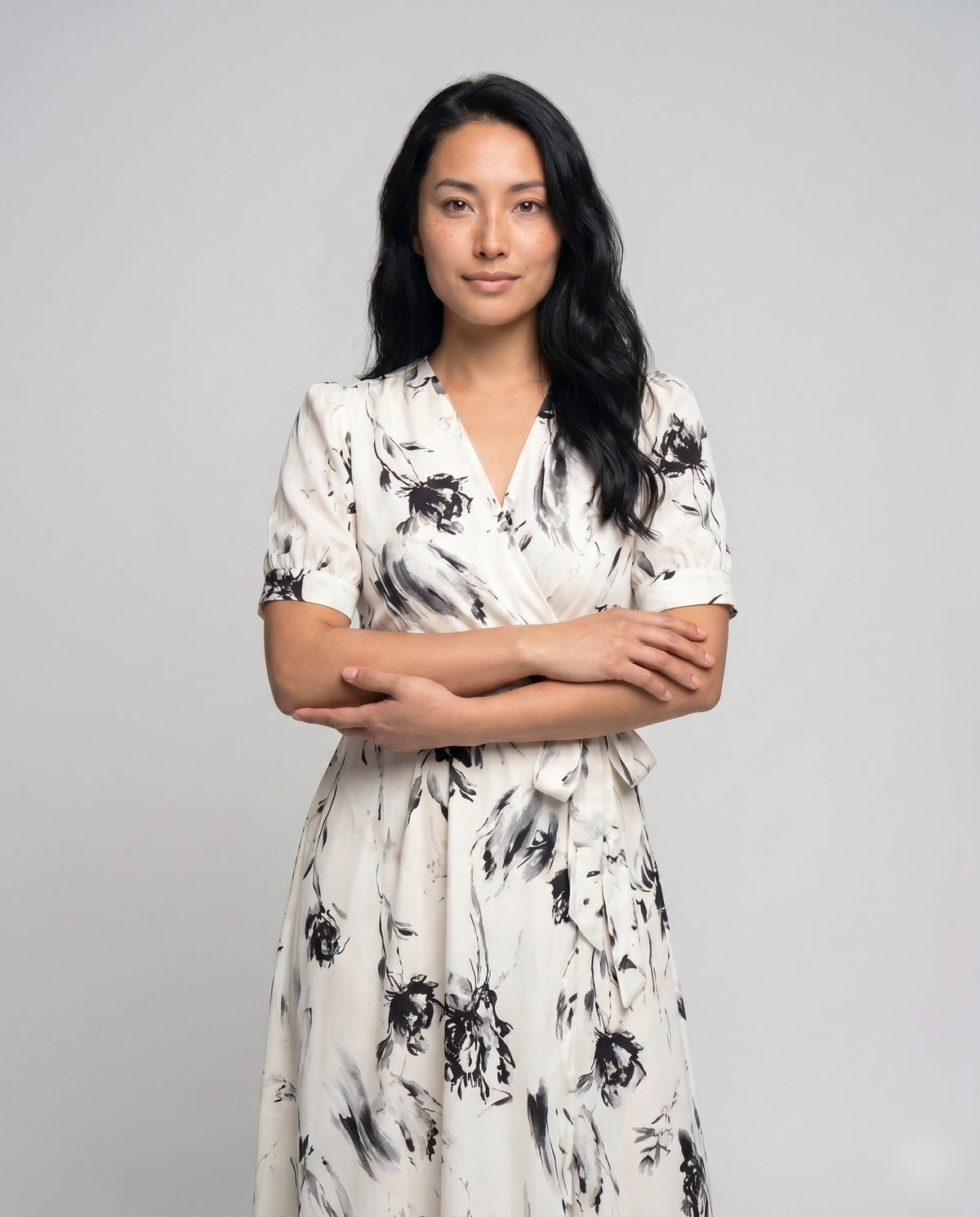Women's Maxi Dress with Floral Design and Elegant Wrap Collar - upper body view