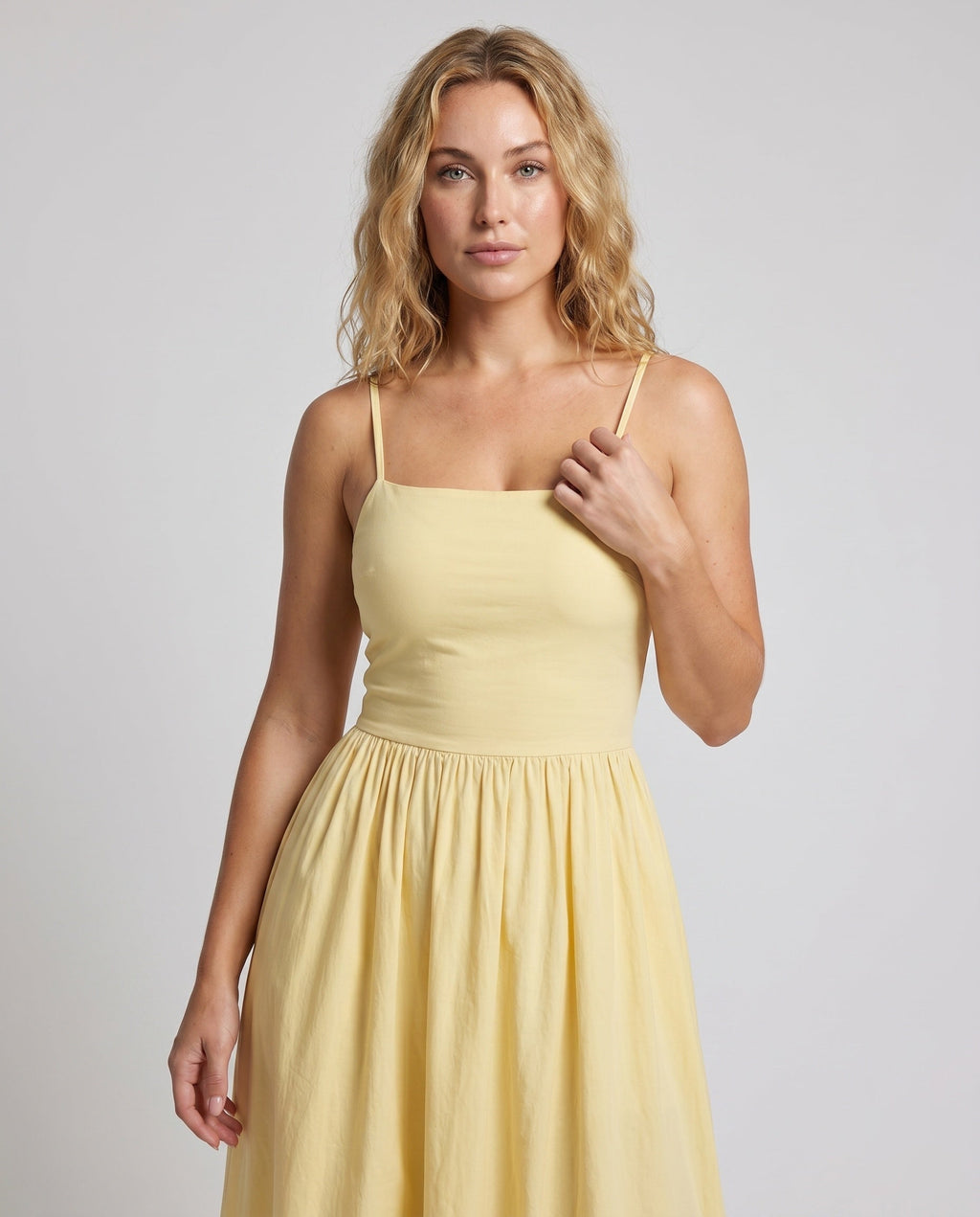 Women’s maxi dress with off-the-shoulder silhouette and flowing cut - upper body view