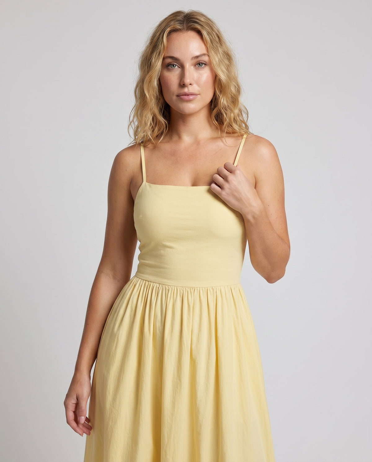 Women’s maxi dress with off-the-shoulder silhouette and flowing cut - upper body view