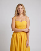 Women's maxi dress with adjustable straps and elastic waistband - upper body view