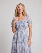 Women's Maxi Dress with voluminous ruffles and elastic bodice - upper body view
