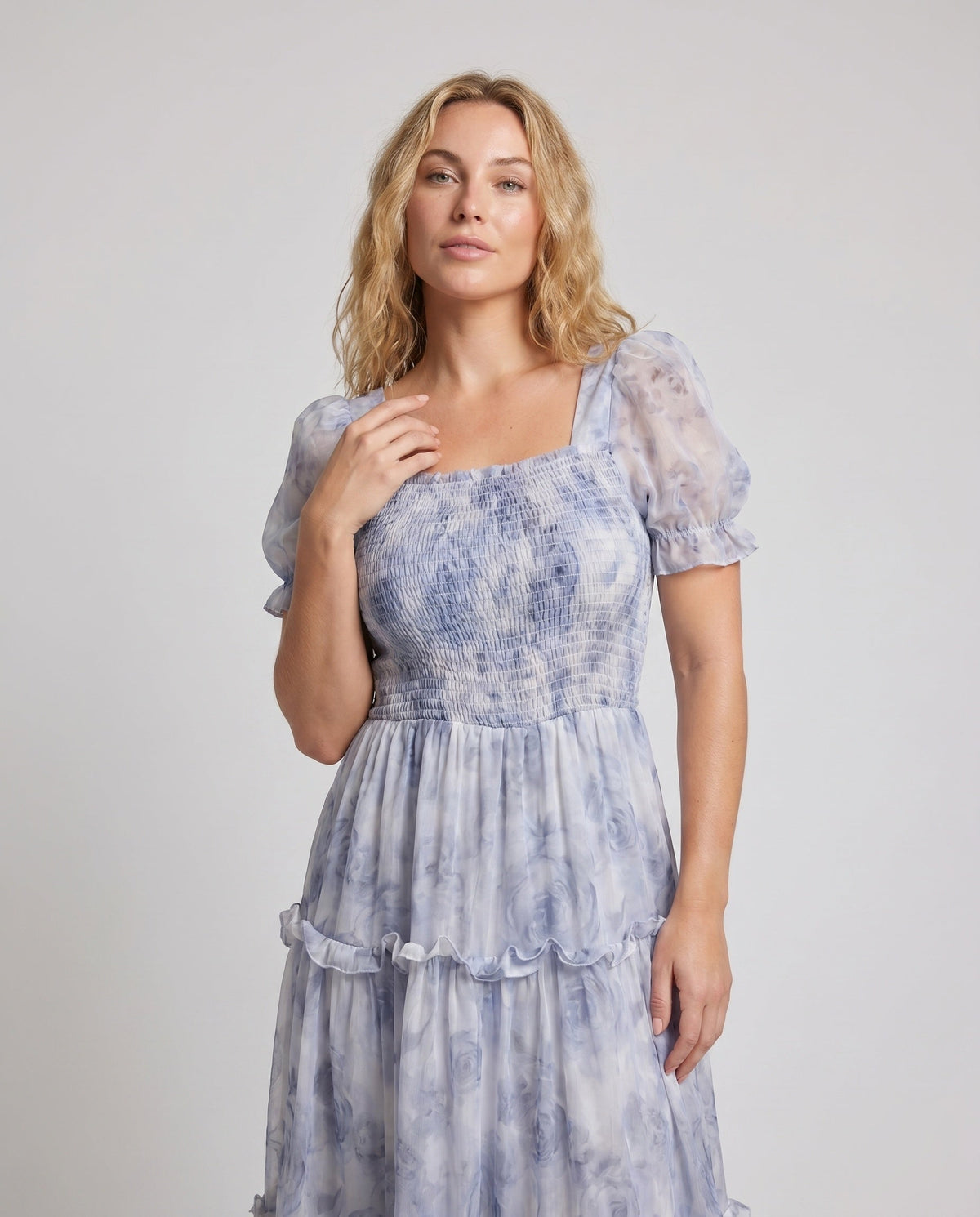 Women's Maxi Dress with voluminous ruffles and elastic bodice - upper body view