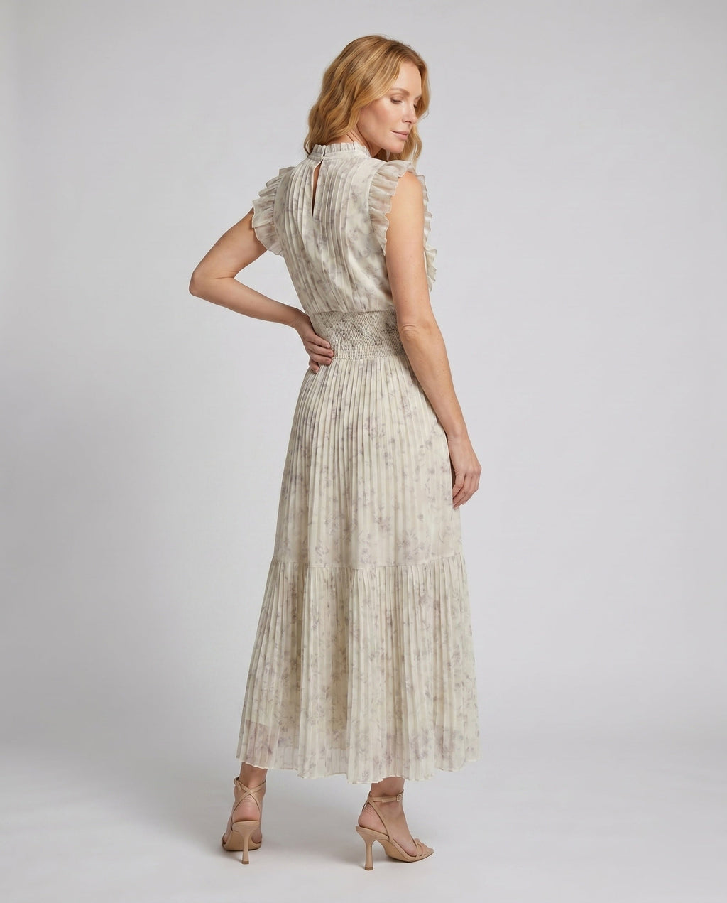 Women’s Midi Chiffon Dress with Voluminous Ruffles and Elegant Pleated Pattern - back view