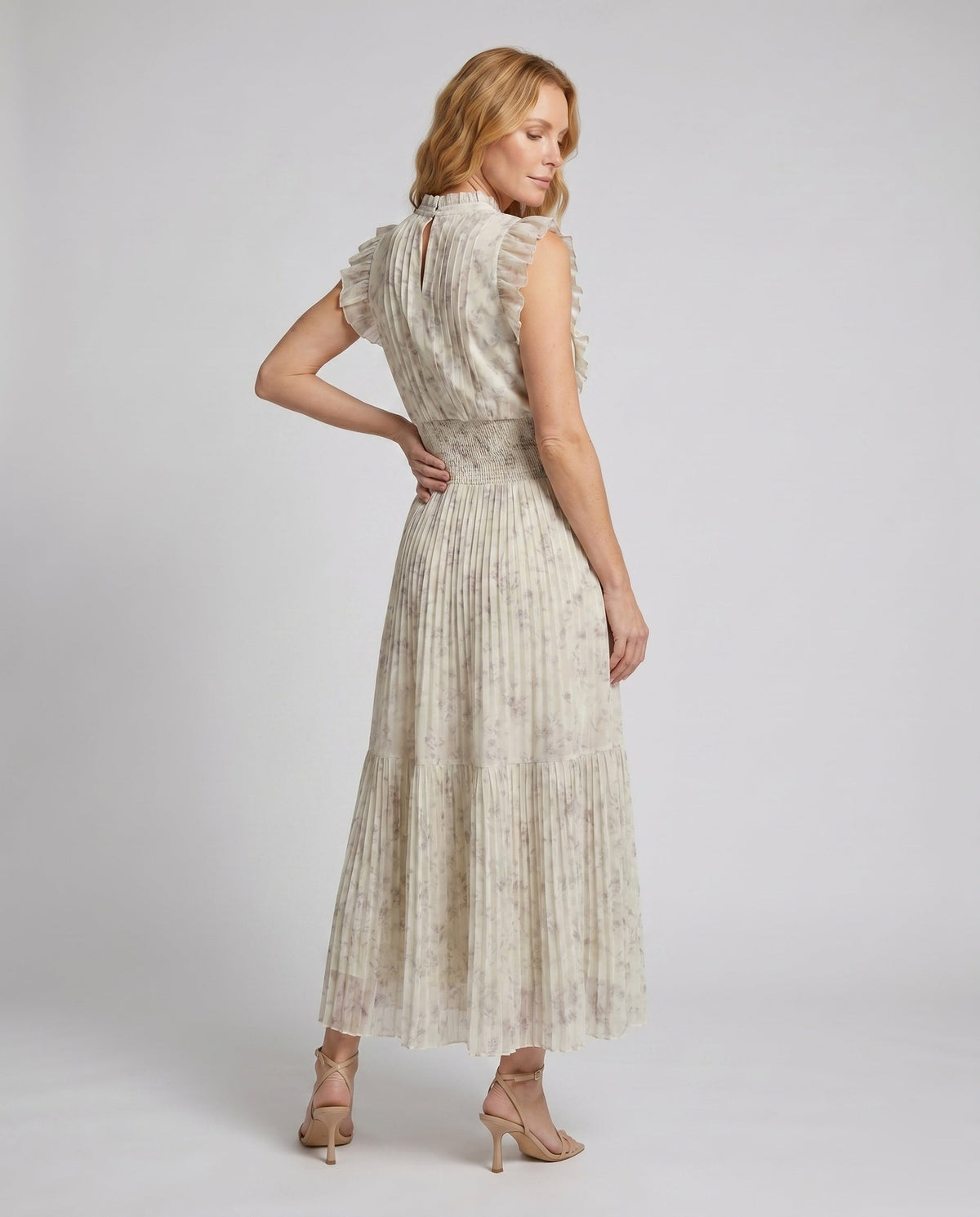 Women’s Midi Chiffon Dress with Voluminous Ruffles and Elegant Pleated Pattern - back view