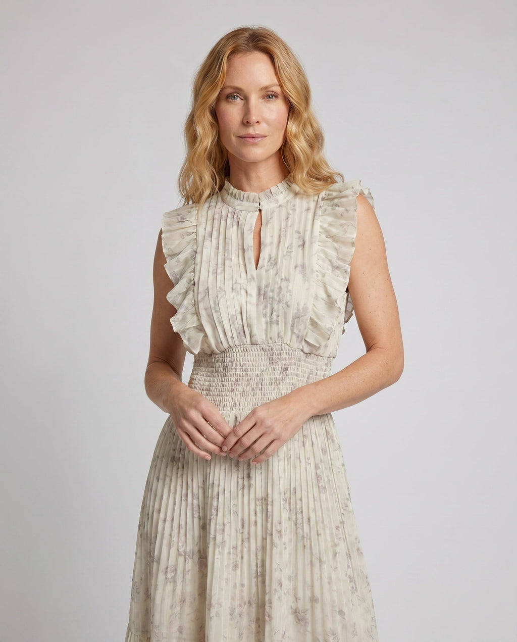 Women’s Midi Chiffon Dress with Voluminous Ruffles and Elegant Pleated Pattern - upper body view