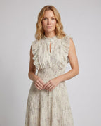 Women’s Midi Chiffon Dress with Voluminous Ruffles and Elegant Pleated Pattern - upper body view