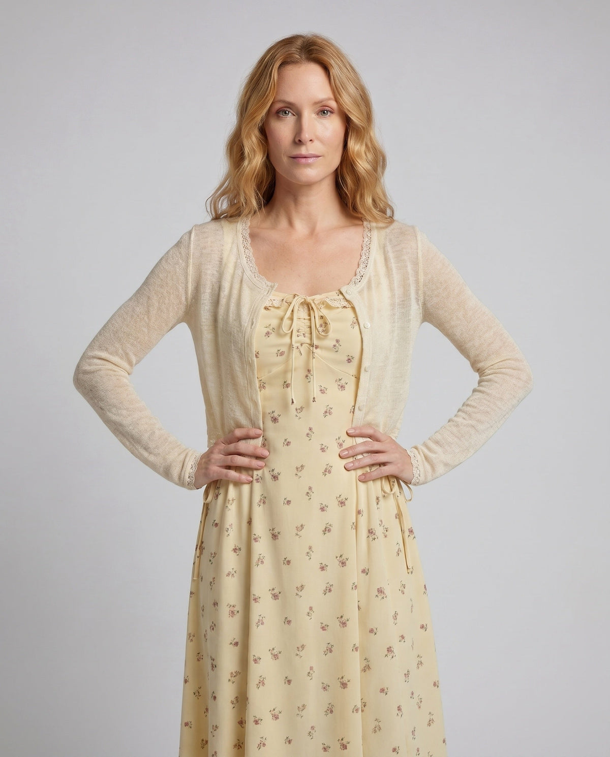 Women's midi dress with floral design and playful ruffles - upper body view