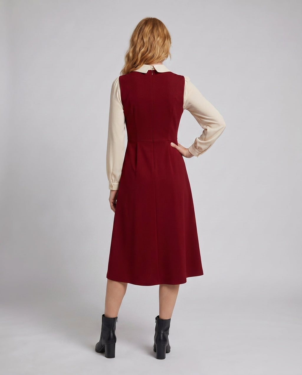 Women's midi dress with easy-care shirt blouse top and elegant stand-up collar - back view