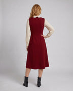 Women's midi dress with easy-care shirt blouse top and elegant stand-up collar - back view
