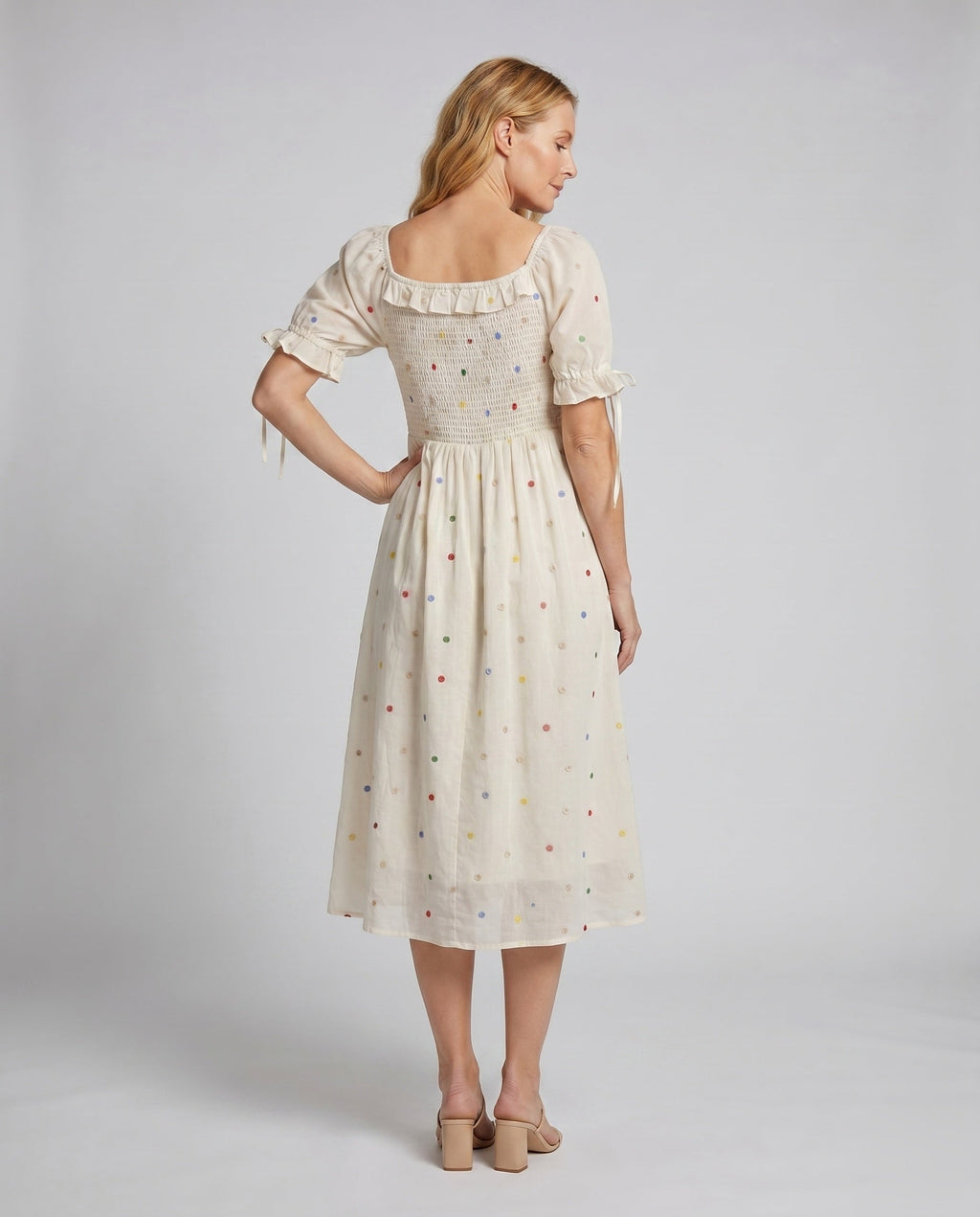 Women's Midi Dress with Delicate Ruffles and Nostalgic Pattern - back view