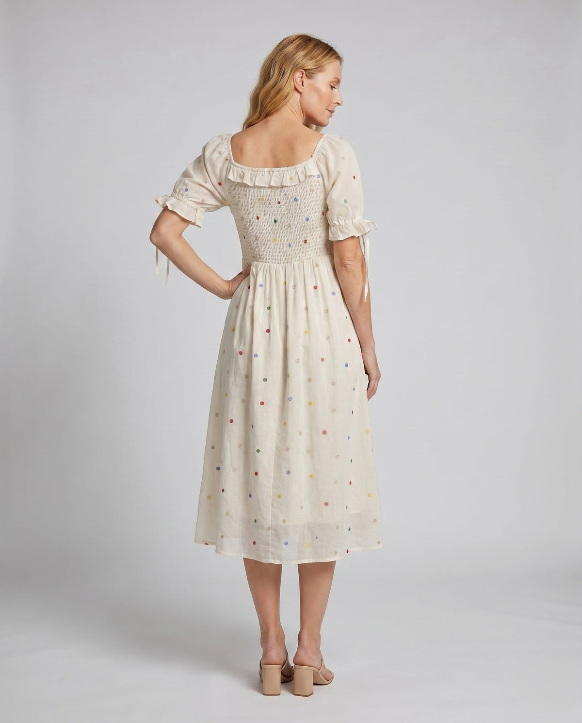 Women's Midi Dress with Delicate Ruffles and Nostalgic Pattern - back view