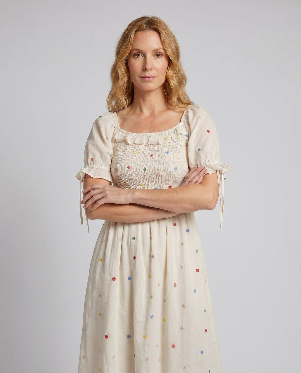 Women's Midi Dress with Delicate Ruffles and Nostalgic Pattern - upper body view