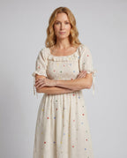 Women's Midi Dress with Delicate Ruffles and Nostalgic Pattern - upper body view