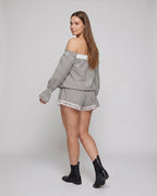 Women's Off-Shoulder Blouse Shirt with Ruffle Details and Bow Accent - back view