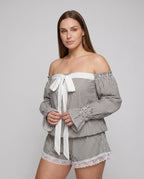 Women's Off-Shoulder Blouse Shirt with Ruffle Details and Bow Accent - upper body view
