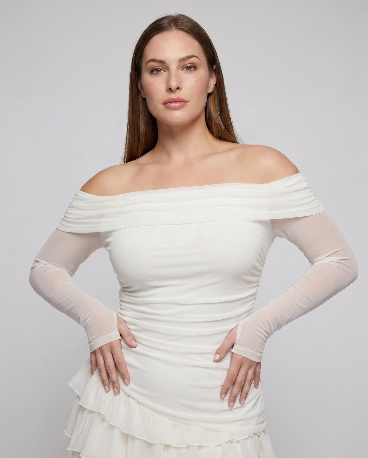 Women Off-Shoulder Dress with Voluminous Ruffle Hem - upper body view