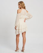 Women's Off-Shoulder Dress with Voluminous Sleeves and Elegant Hem - back view