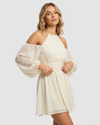 Women's Off-Shoulder Dress with Voluminous Sleeves and Elegant Hem - upper body view
