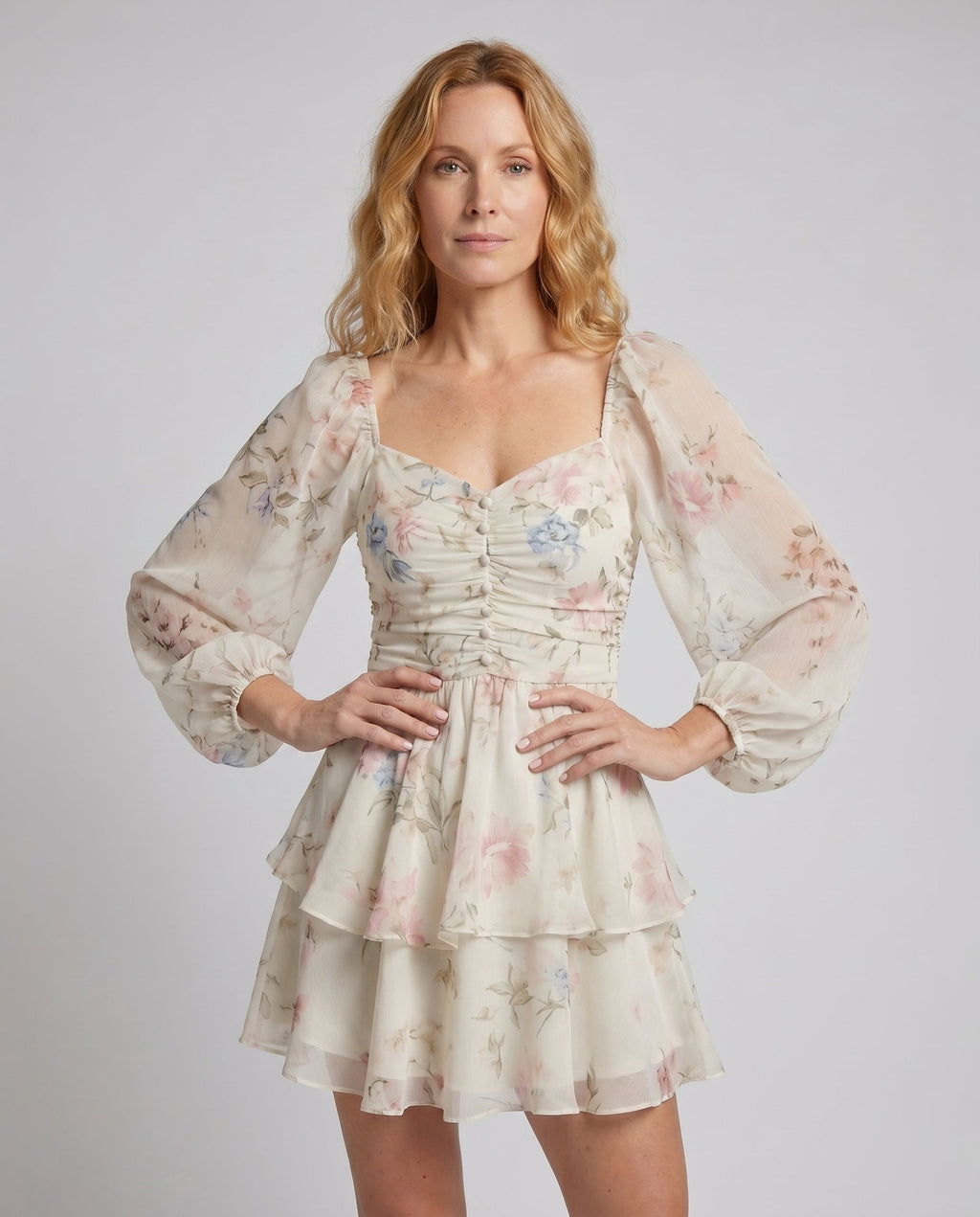 Women's Off-Shoulder Dress with Voluminous Ruffles and Floral Design - upper body view