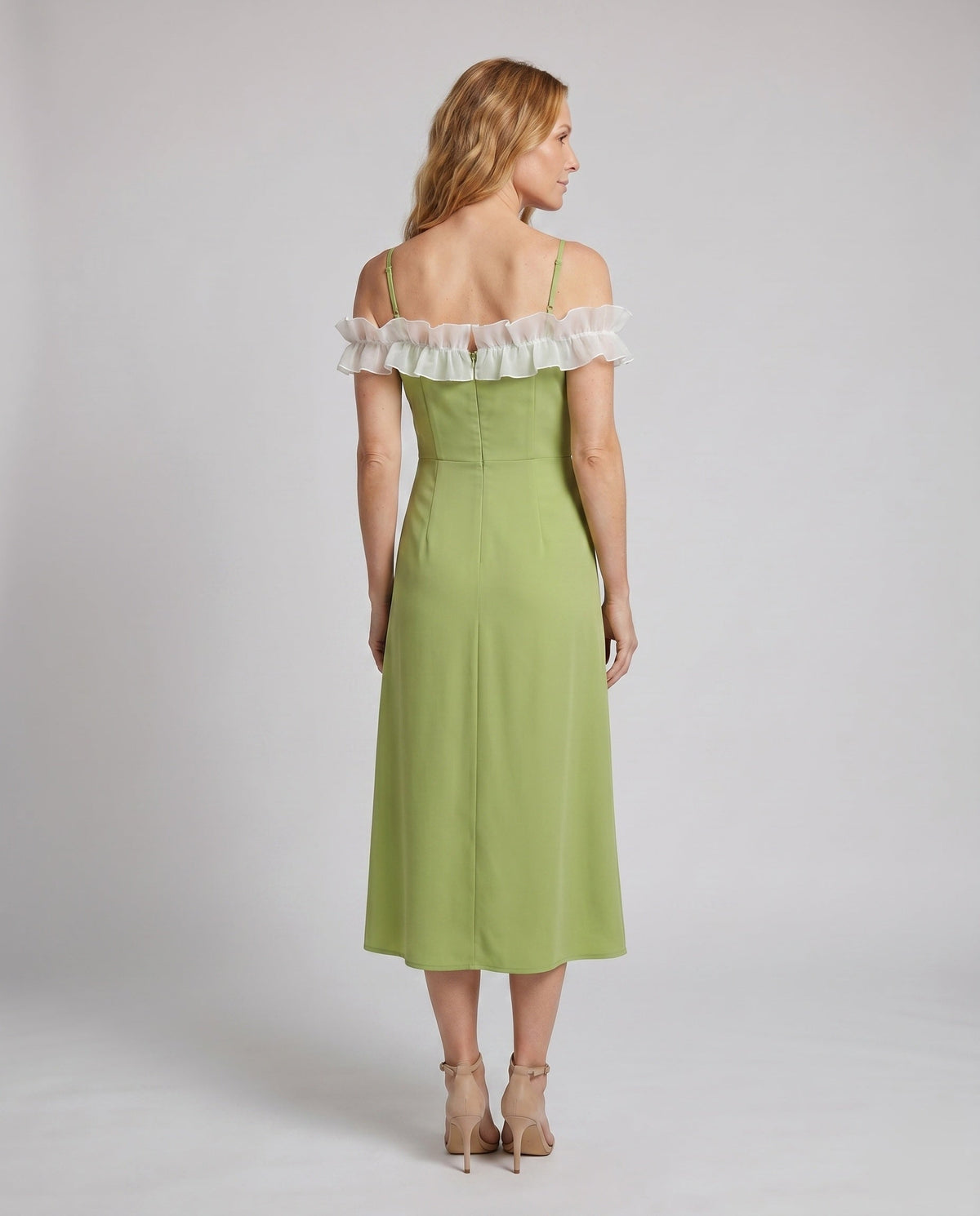 Women Off-Shoulder Midi Dress with Voluminous Ruffles and Side Gathering - back view