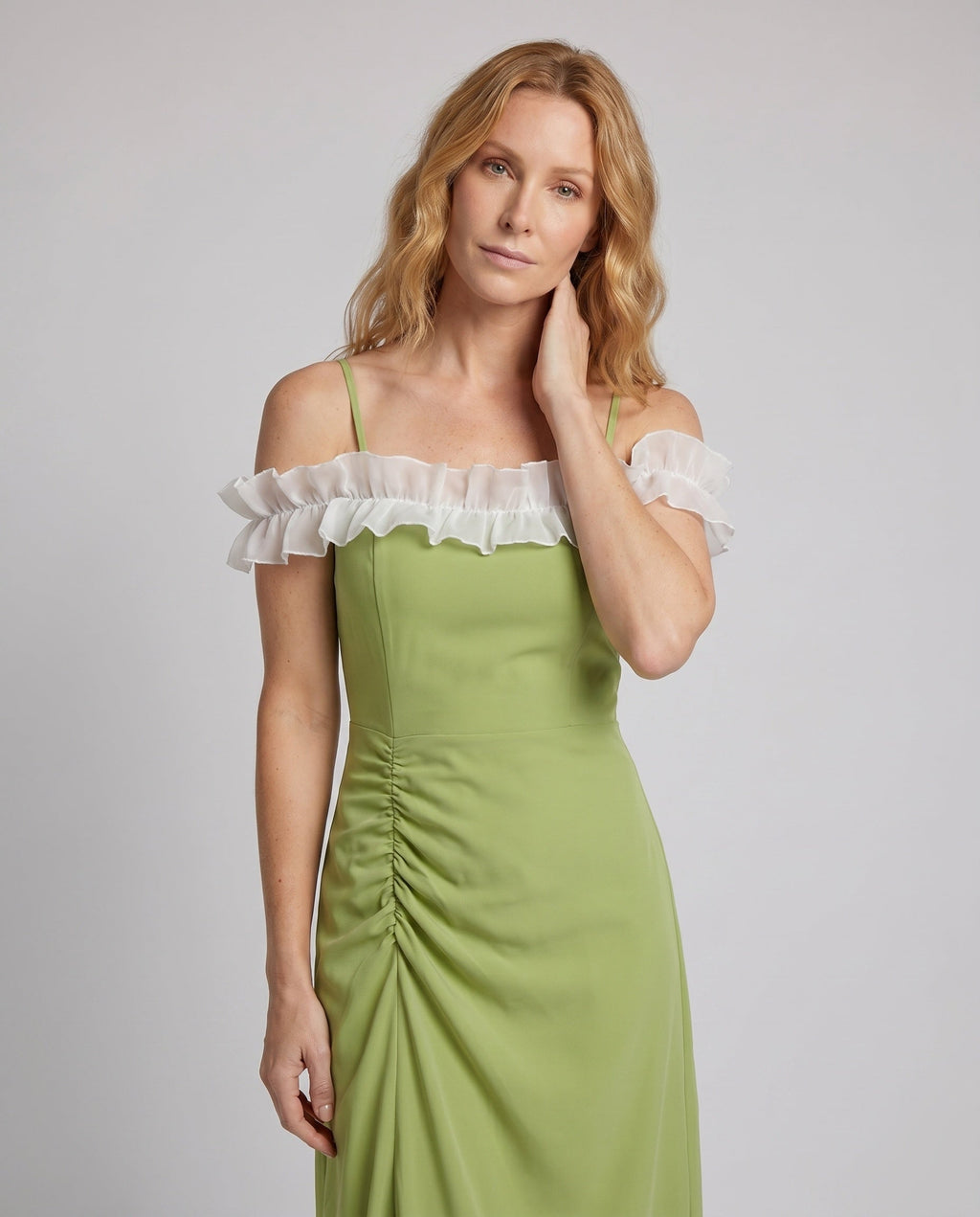 Women Off-Shoulder Midi Dress with Voluminous Ruffles and Side Gathering - upper body view