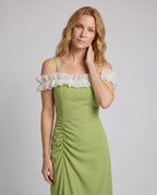 Women Off-Shoulder Midi Dress with Voluminous Ruffles and Side Gathering - upper body view