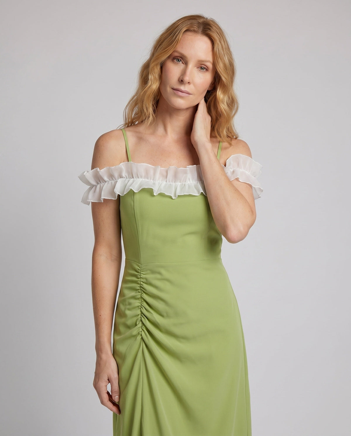 Women Off-Shoulder Midi Dress with Voluminous Ruffles and Side Gathering - upper body view