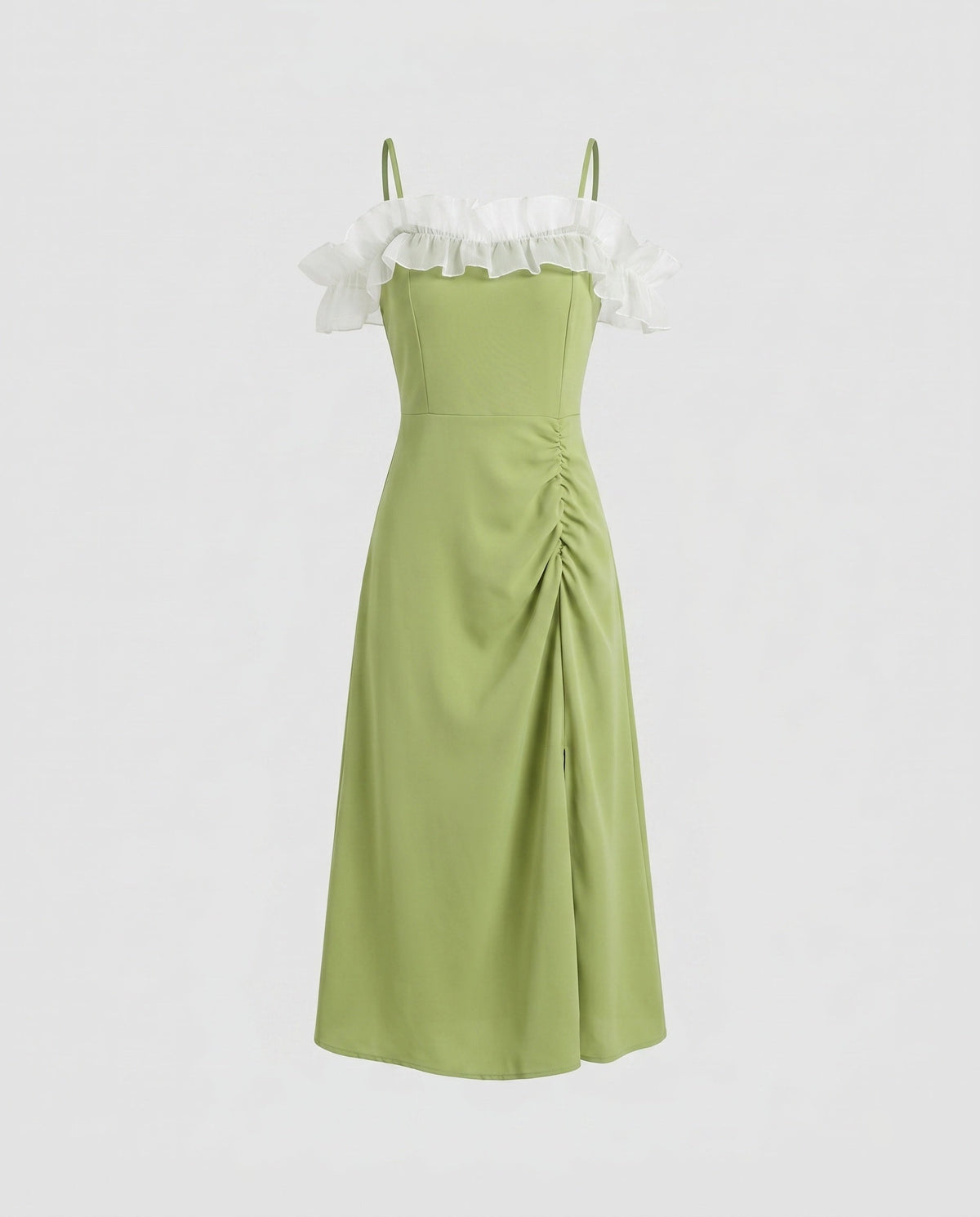 Women Off-Shoulder Midi Dress with Voluminous Ruffles and Side Gathering - product shot