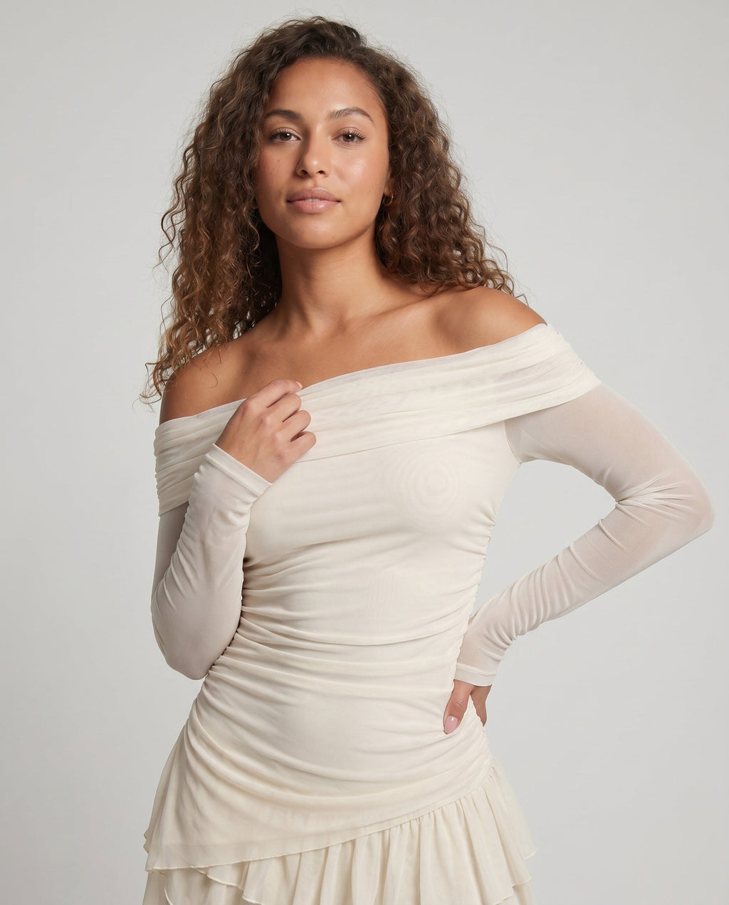 Women's Off-Shoulder Mini Dress with Ruffle Details and Body-Con Silhouette - upper body view