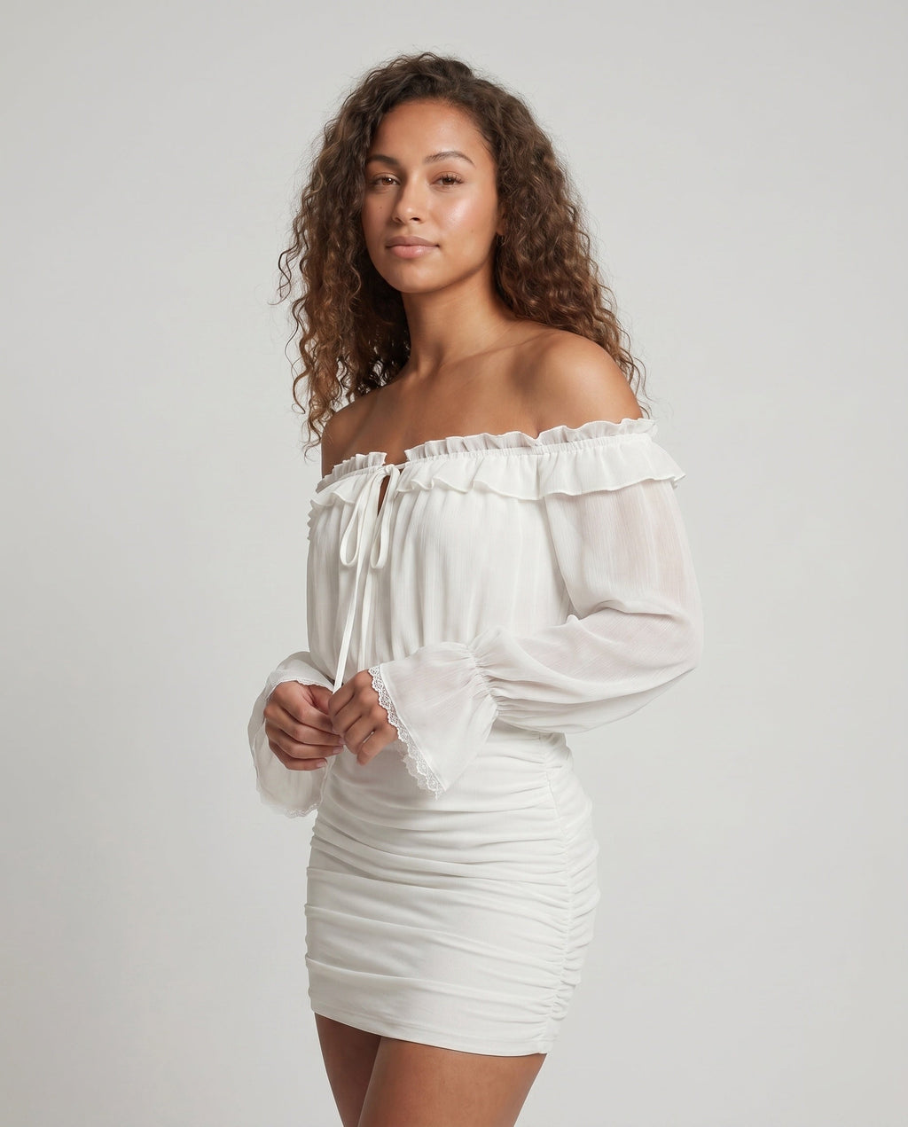 Women's Off-Shoulder Mini Dress with Voluminous Ruffles and Elegant Cut - upper body view