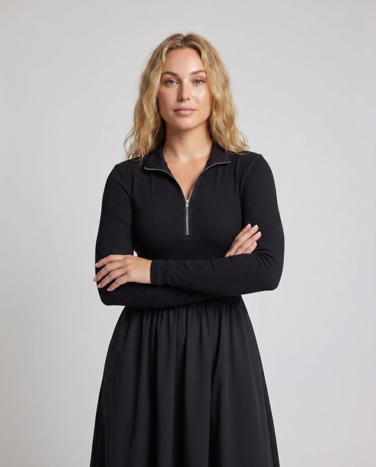 Women's polo dress with zip and elegant skirt part - upper body view