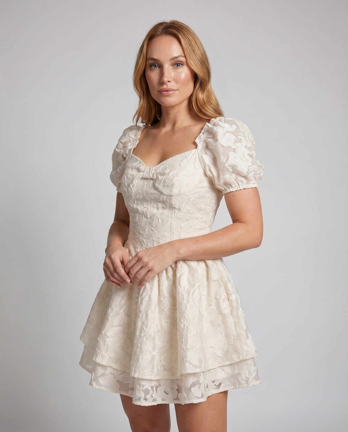 Ladies Puff Sleeve Dress with Elegant Tulle and Floral Pattern - upper body view