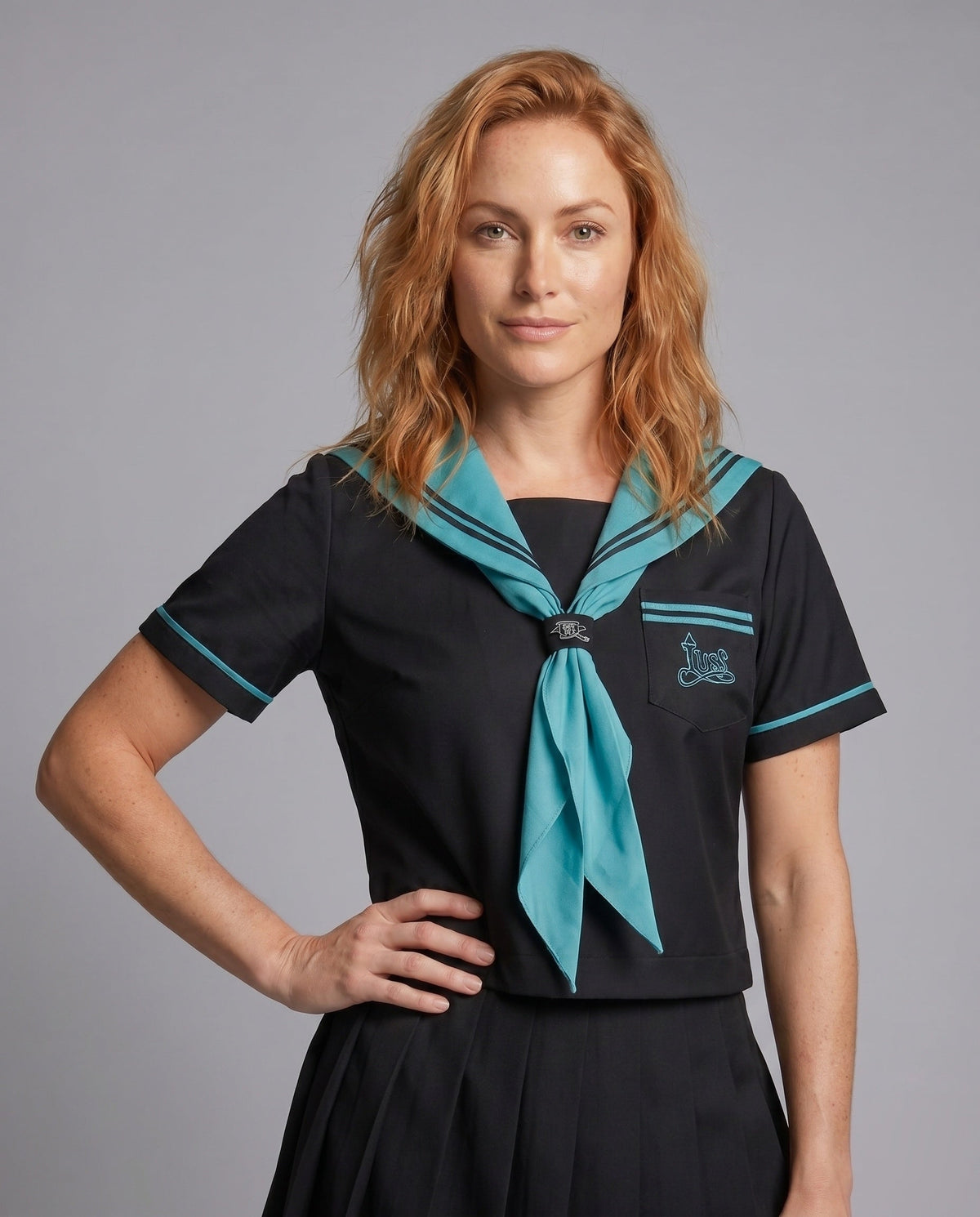 Ladies school uniform dress with striped collar and pleated skirt - upper body view