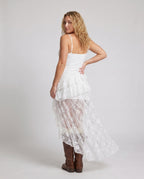 Women's Lace Midi Dress with Voluminous Ruffle Detail - back view