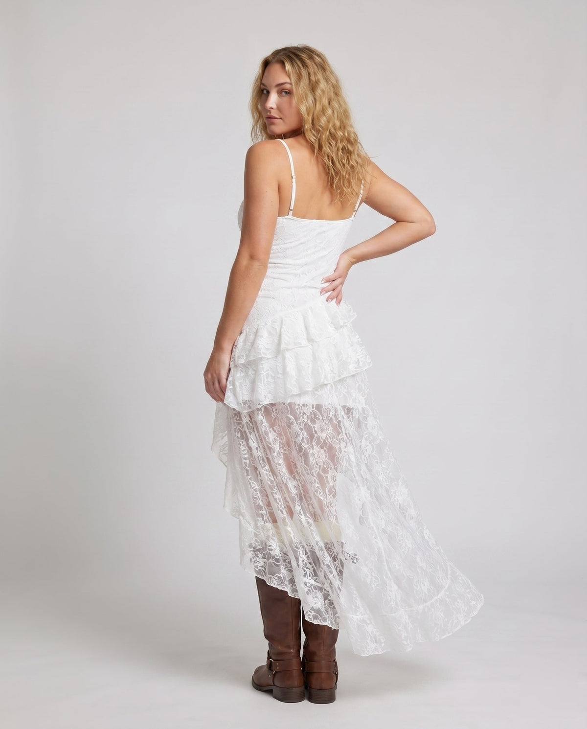 Women's Lace Midi Dress with Voluminous Ruffle Detail - back view