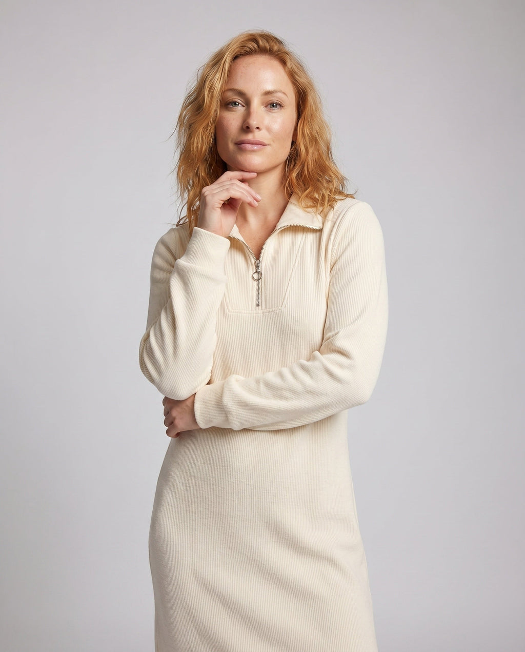 Women’s sporty long sleeve dress with high collar and short zipper - upper body view
