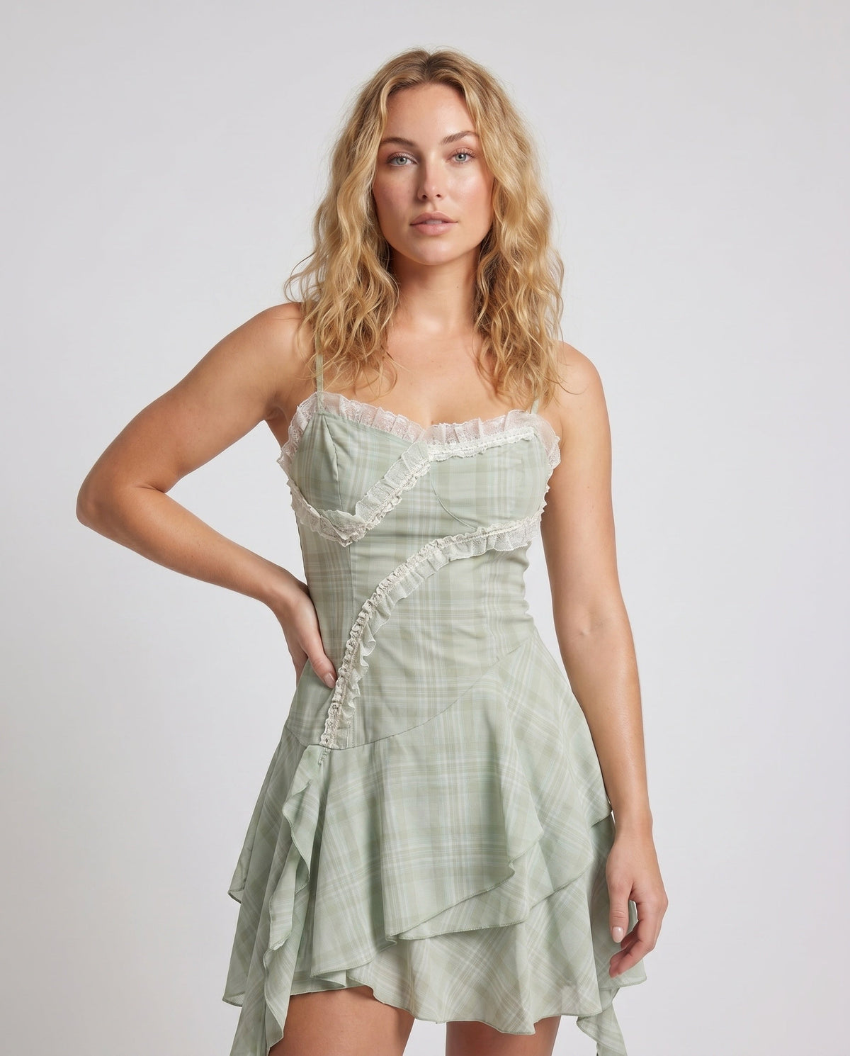 Women playful A-line dress with ruffles and sophisticated details - upper body view